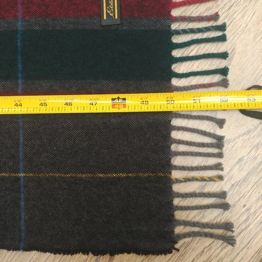 Eddie Bauer red green gray wool plaid scarf with fringe